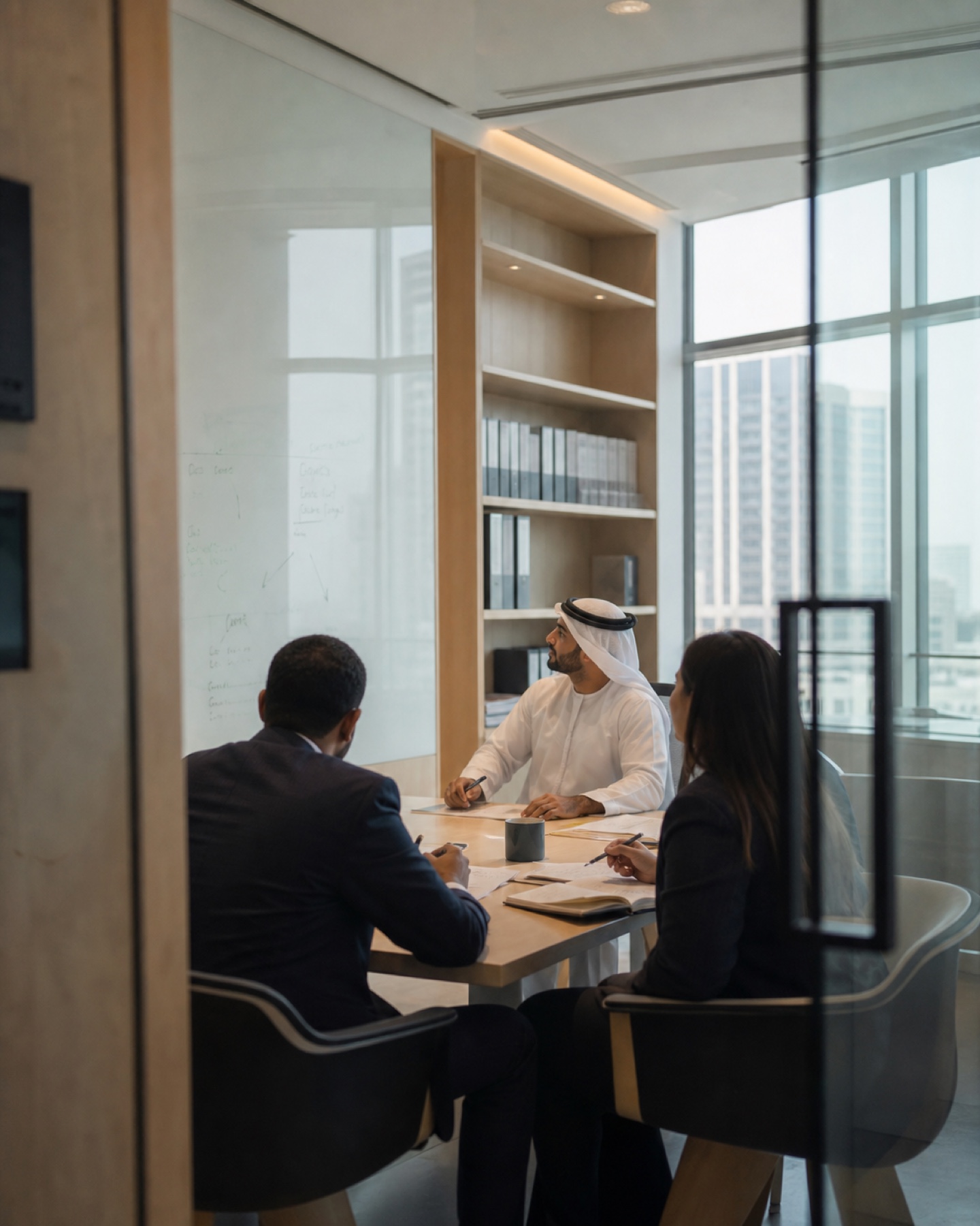 In-house legal team reviewing a matter in a Dubai project room