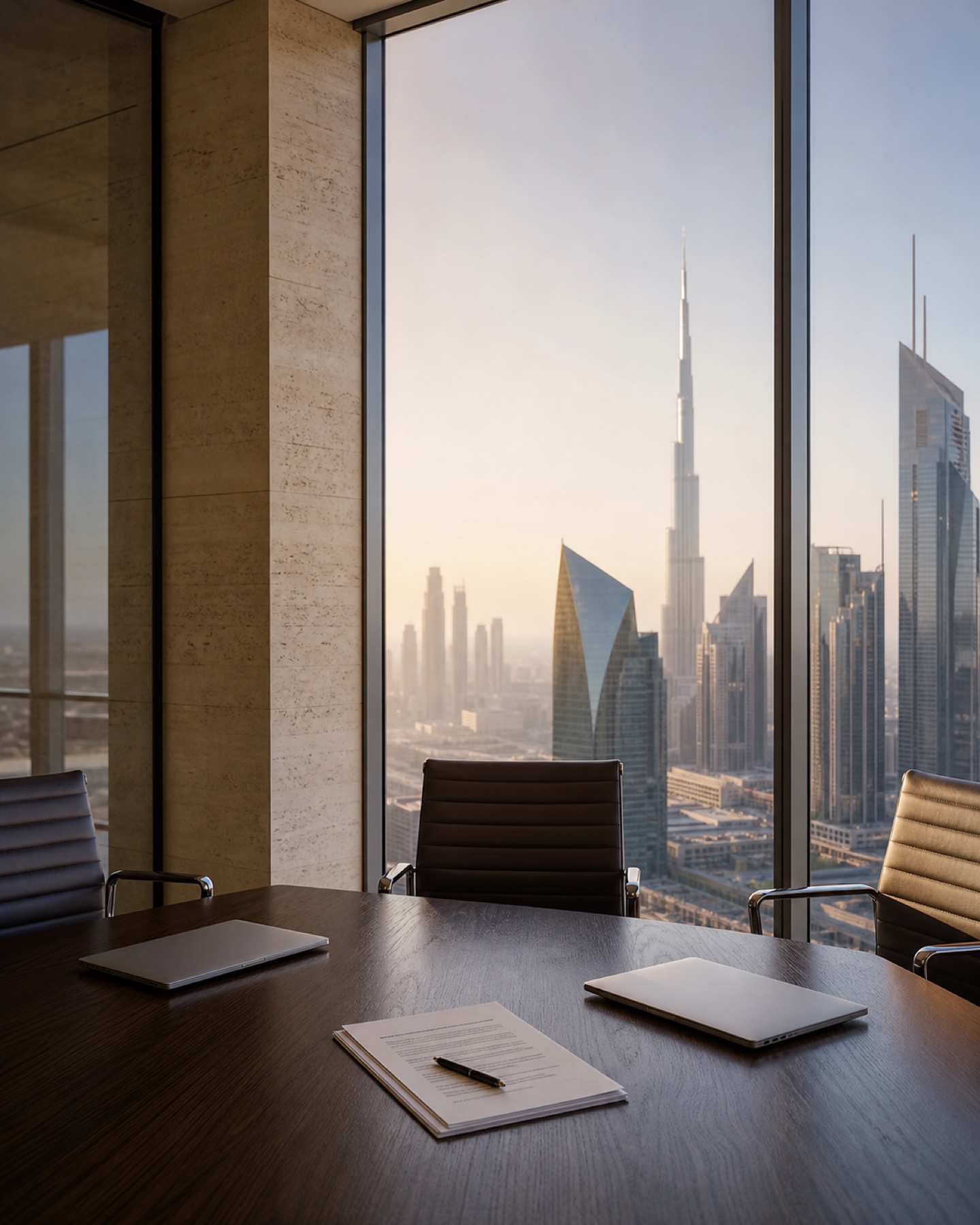 Dubai transaction boardroom at dawn with agreements ready for review