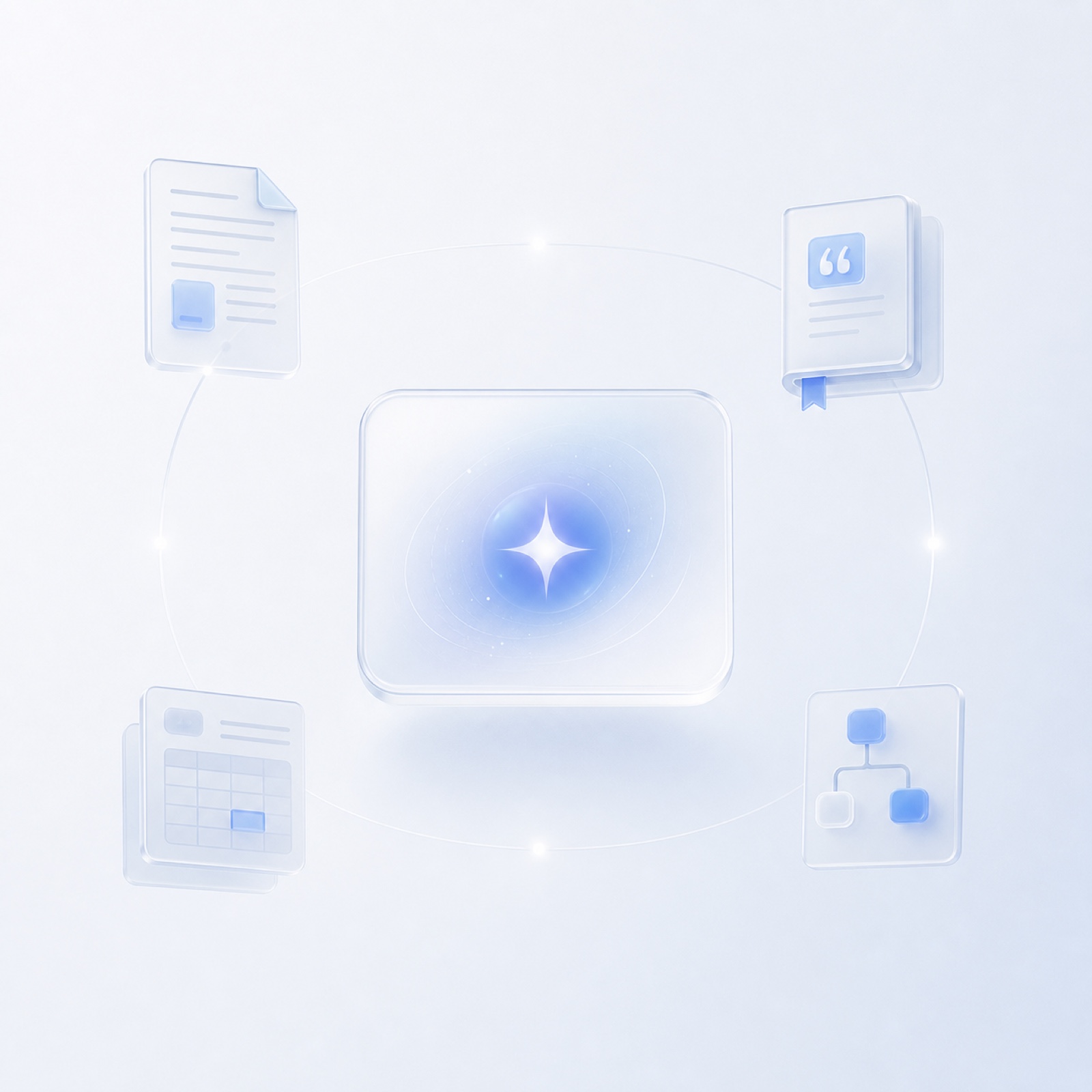 Frosted legal-work objects connected to a central Nomoy intelligence tile