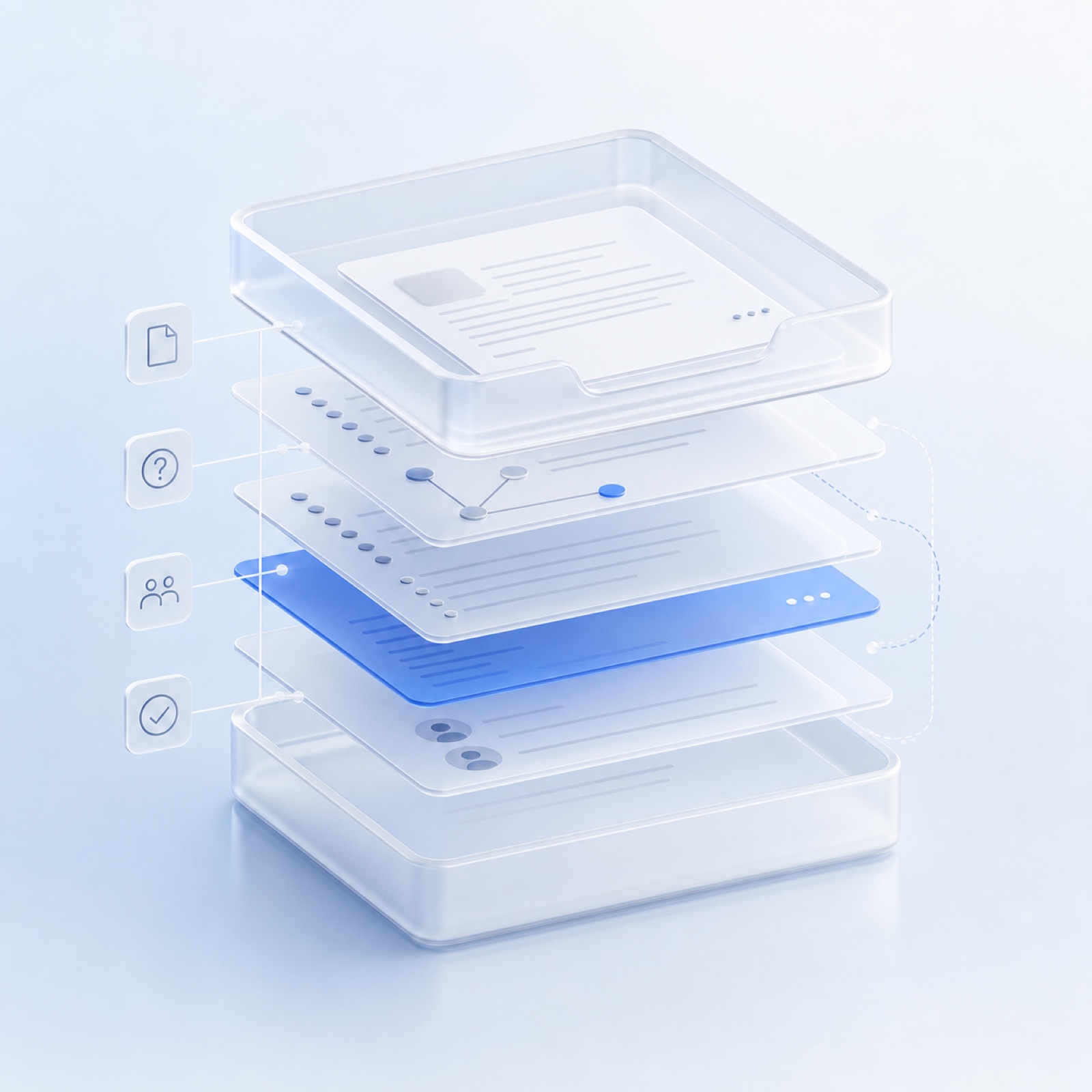 Layered frosted document trays arranged as one connected matter workspace