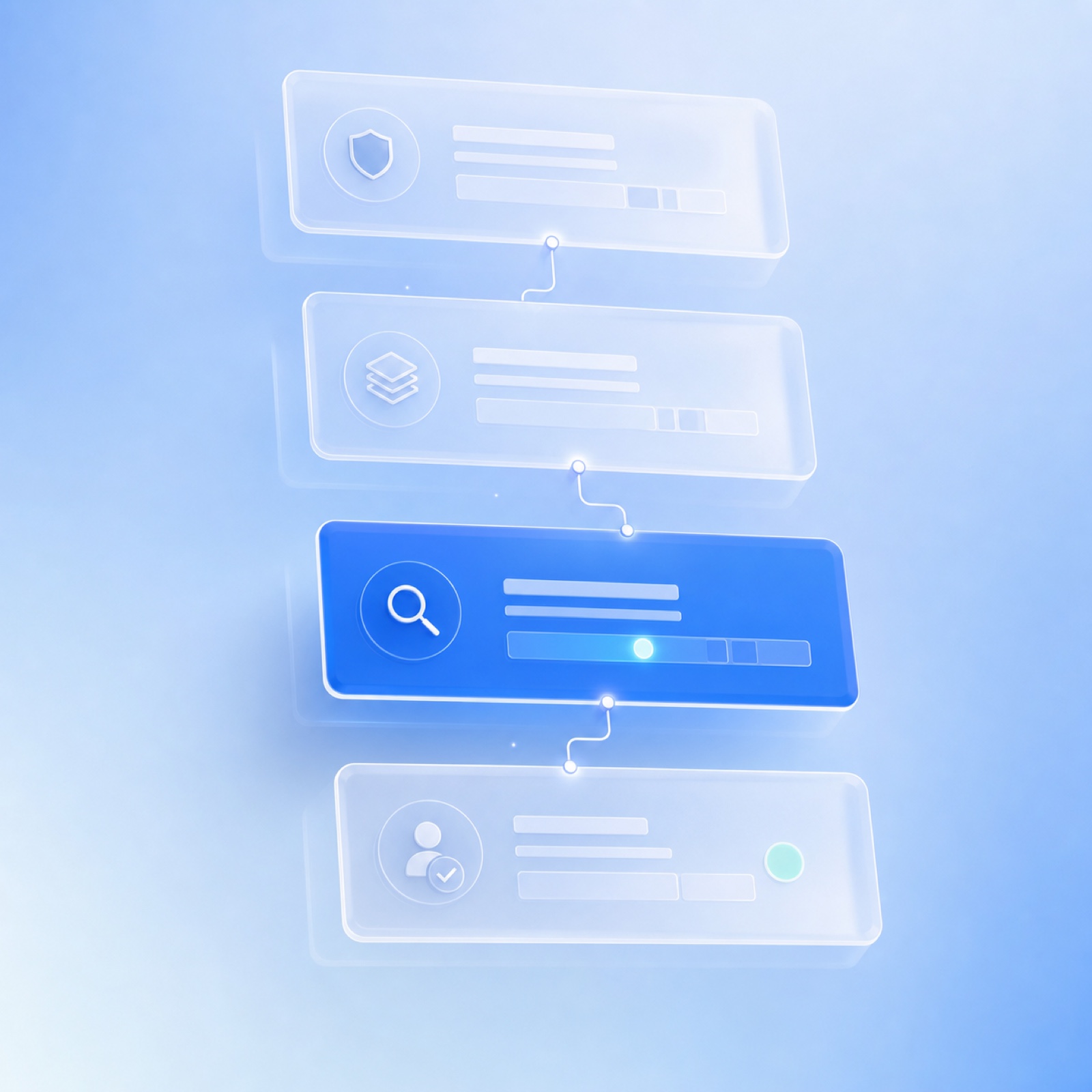 Four connected frosted workflow stages with one active review step